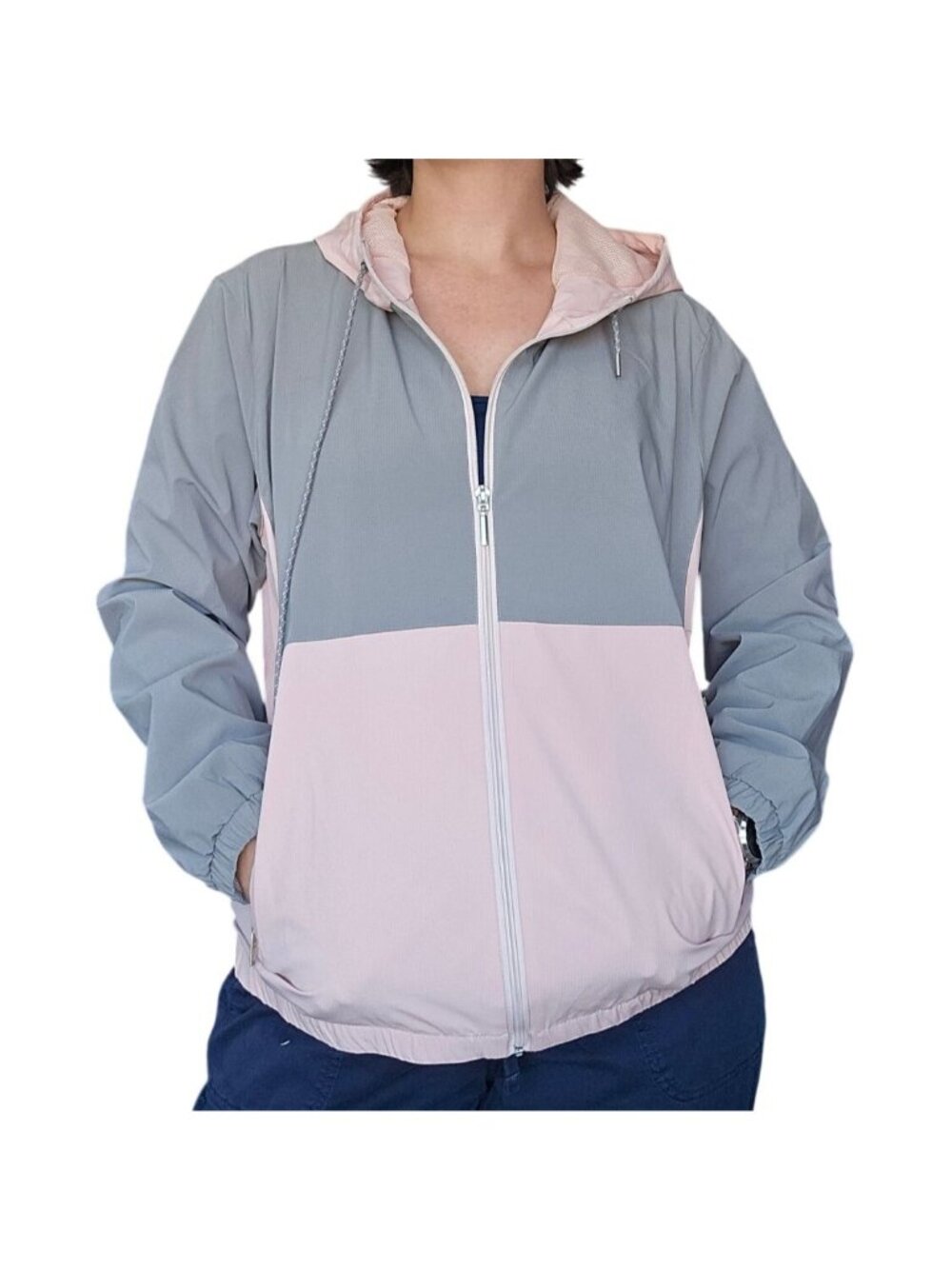 Voyager Lightweight Active Hooded Windbreaker Gray Pink Womens Size L Athleisure